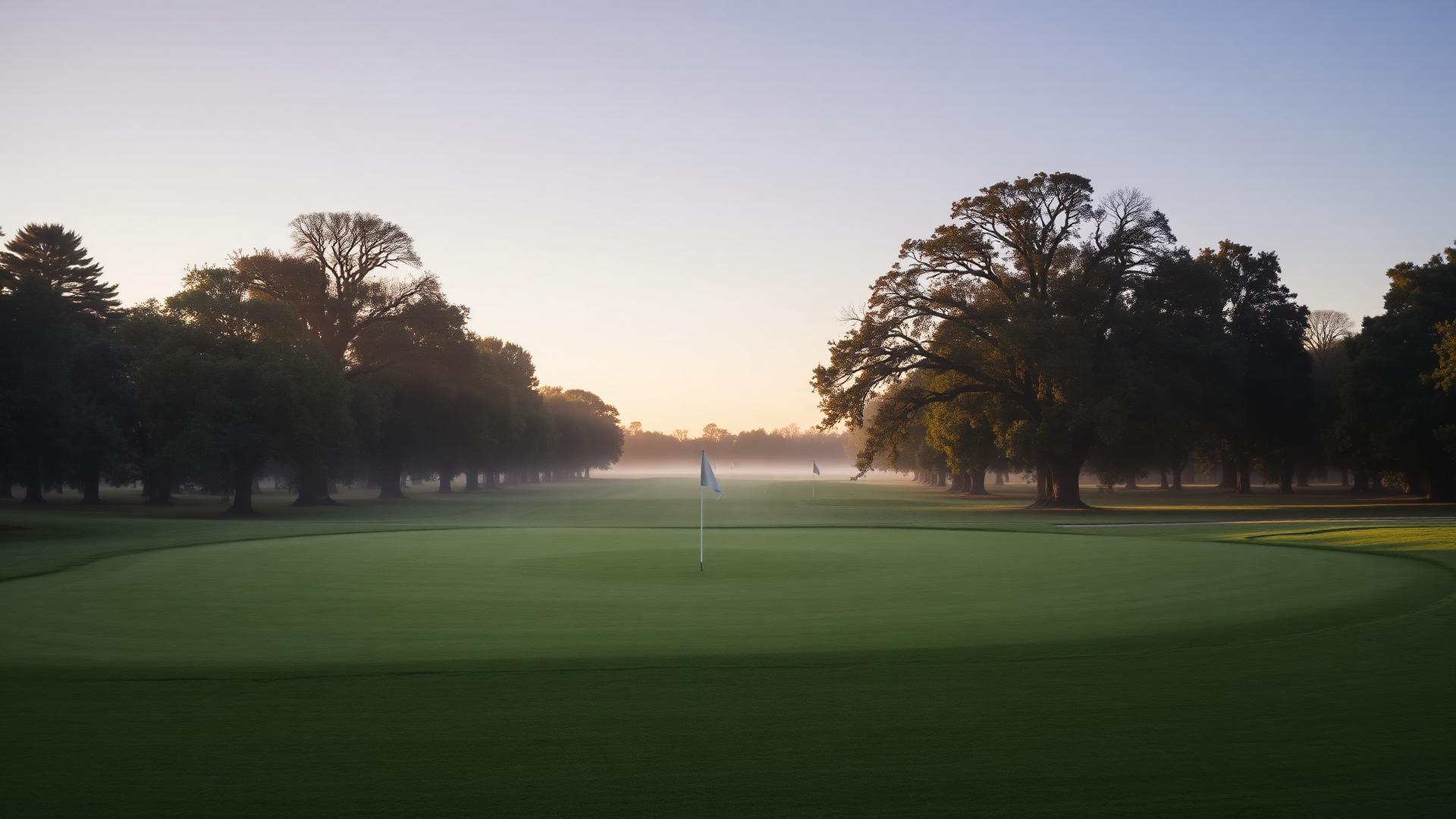 Misty English parkland golf course at sunrise